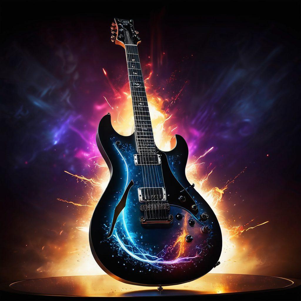 A powerful scene depicting a dynamic electric guitar made of shimmering steel, surrounded by swirling notes and metallic sparks. In the background, silhouettes of musicians passionately playing in a vibrant, animated concert setting. The overall atmosphere should fuse the raw energy of metal music with industrial aesthetics, showcasing a blend of creativity and craftsmanship. bold colors. super-realistic. high contrast.