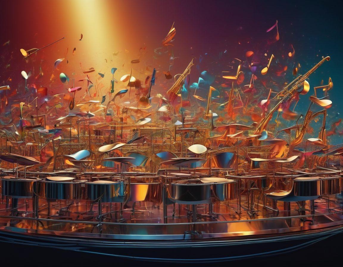An abstract representation of a symphony orchestra made entirely from various metallic instruments, showing vibrant reflections and intricate details. Incorporate waves of sound visually emanating as colorful, shimmering tones intertwining with steel and iron elements. The background should feature a surreal blend of industrial and musical themes, capturing the essence of rhythm and allure. Include hints of glowing music notes floating harmoniously in the air. conceptual art. vibrant colors. super-realistic.
