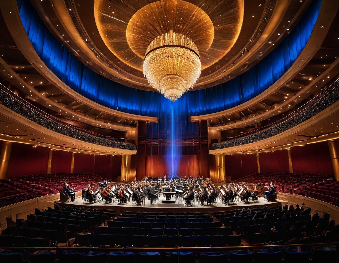 An artistic representation of a grand symphony hall filled with musicians playing instruments made of steel and iron, with shimmering metallic reflections throughout the scene. Vibrant colors highlight the emotion and energy of the performance, while musical notes visually intertwine around the instruments. The ambiance combines warmth and coolness, symbolizing the harmony of metal in music. super-realistic. vibrant colors. 3D.